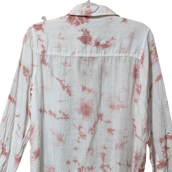 Rachel Zoe long line tunic 100% linen tie dye white pink button blouse top M - Picture 7 of 8